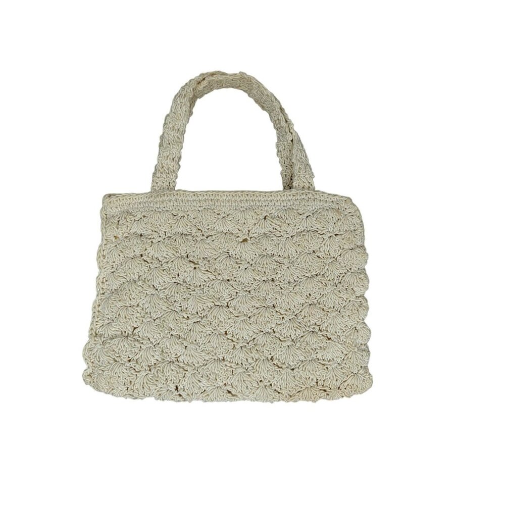 Vintage 30s Handwoven Crochet Beige Mini Handbag With Zipper Closure